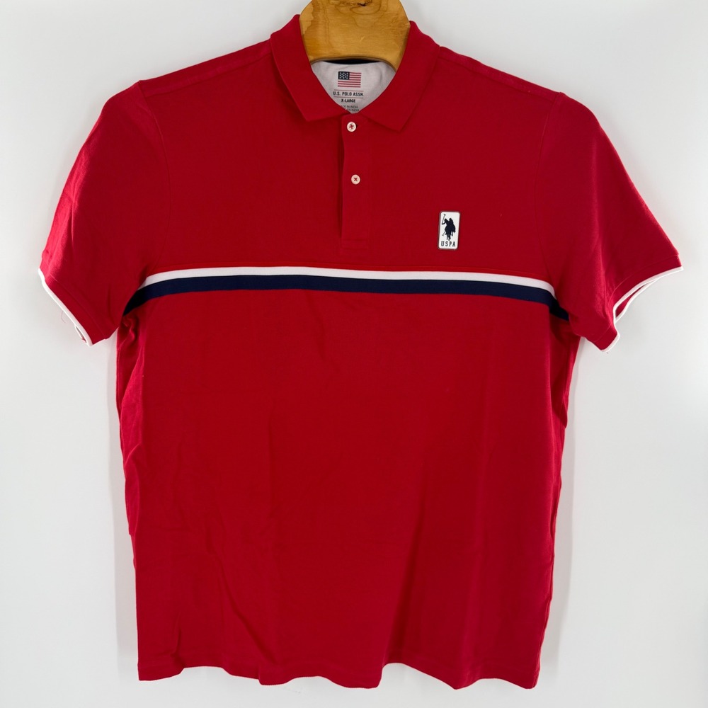 US Polo Assn Mens Red Short Sleeve Stripe Pique Polo Shirt XL